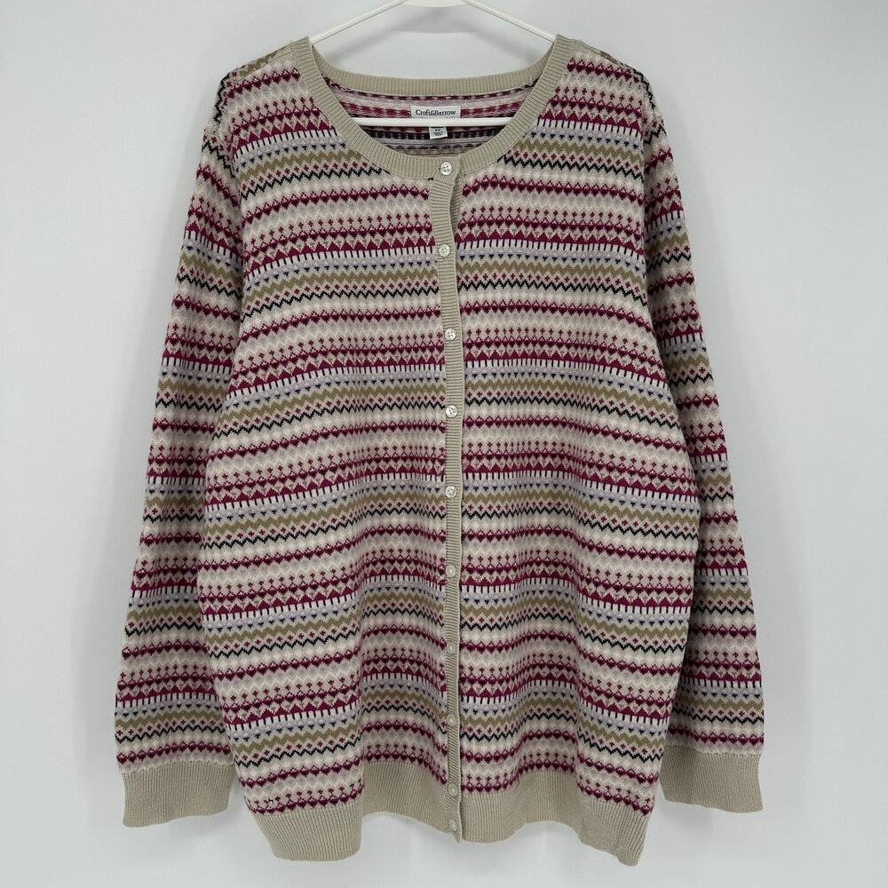 Croft & Barrow Cardigan Sweater Womens 2X Beige Fair Isle Button Front Knit